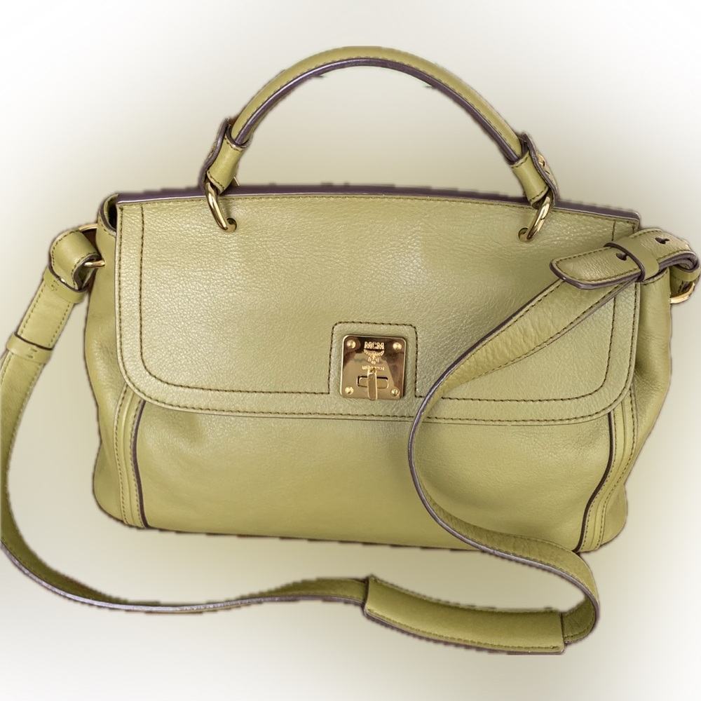 MCM Yellow Green Pebbled Leather Flap Medium Top Handle Bag With Shoulder Strap